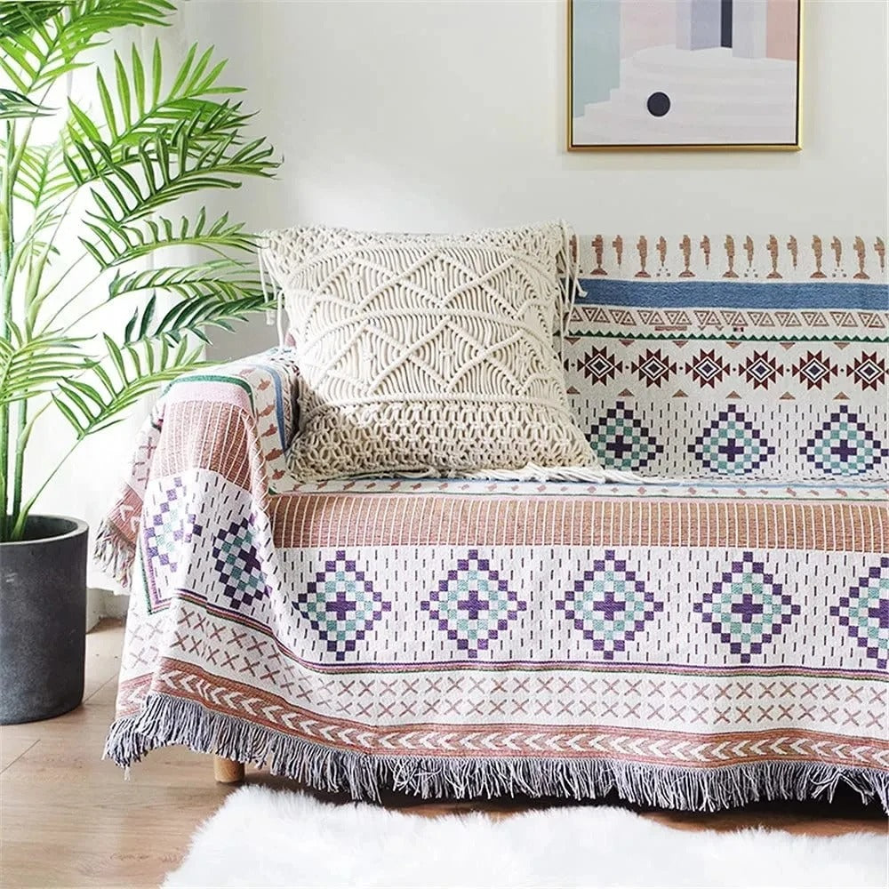 Plaid La Bohème Jacquard, Coton & Polyester, Franges Colorées
