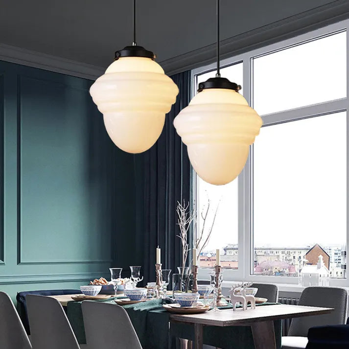 Suspension Vintage en Verre Opalin Blanc | Design Géométrique Élégant