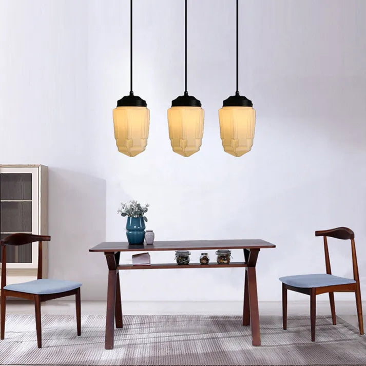 Suspension Vintage en Verre Opalin Blanc | Design Géométrique Élégant
