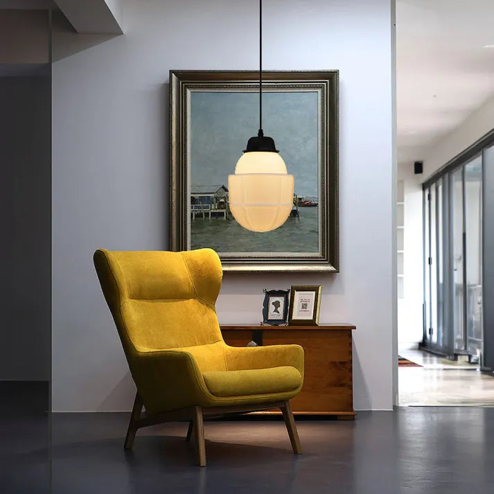 Suspension Vintage en Verre Opalin Blanc | Design Géométrique Élégant