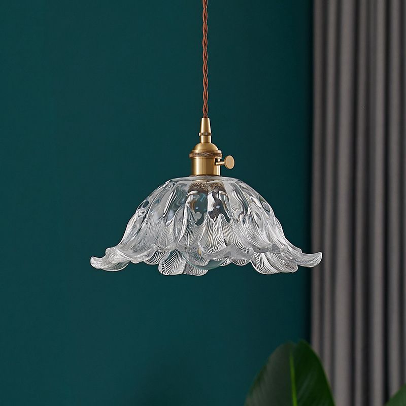 Suspension Fleur Verre Ondulé, Doré, Hauteur Réglable