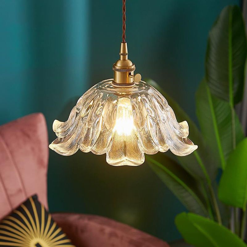 Suspension Fleur Verre Ondulé, Doré, Hauteur Réglable