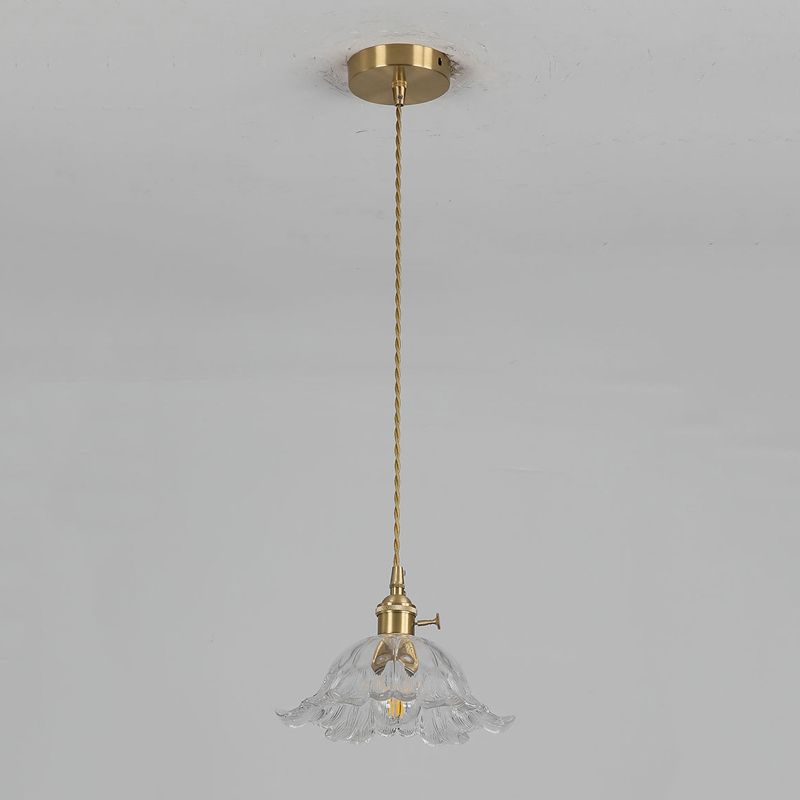 Suspension Fleur Verre Ondulé, Doré, Hauteur Réglable