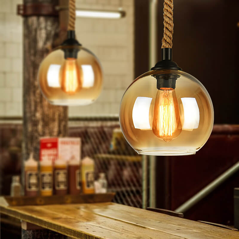 Suspension Rétro Globe Verre et Corde – 1 Lumière