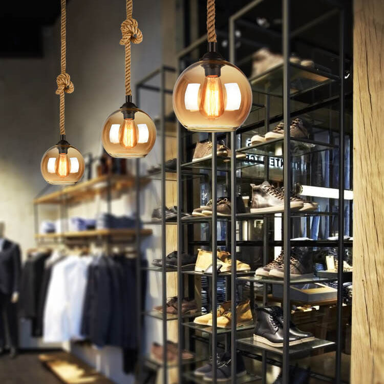 Suspension Rétro Globe Verre et Corde – 1 Lumière