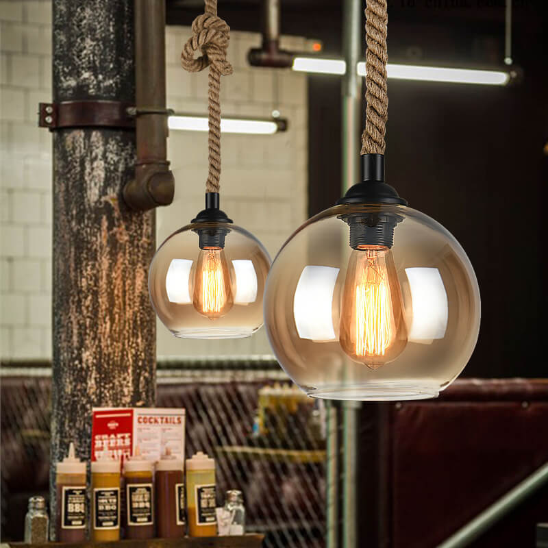 Suspension Rétro Globe Verre et Corde – 1 Lumière