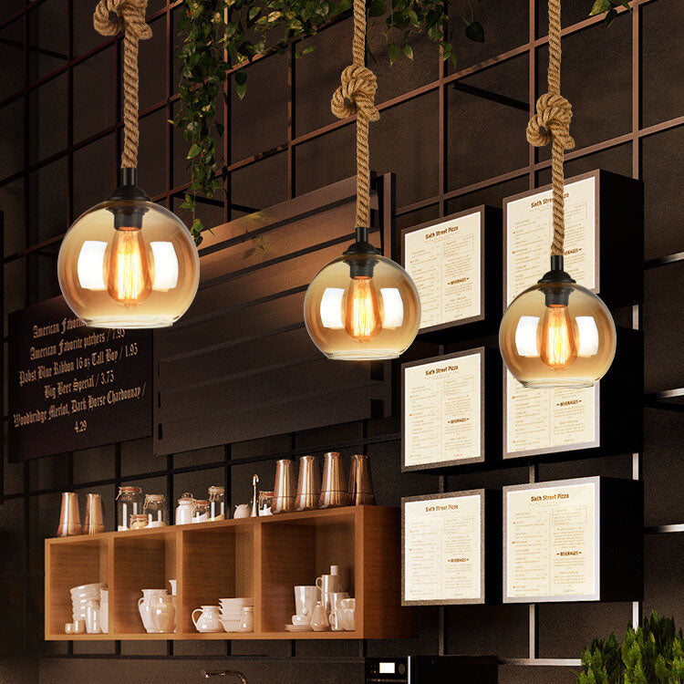 Suspension Rétro Globe Verre et Corde – 1 Lumière