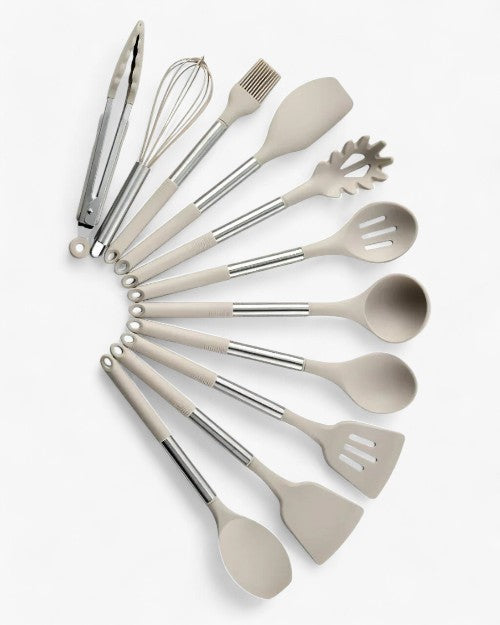 Ensemble d'Ustensiles de Cuisine en Silicone – Style Nordique 13 Pièces Beige
