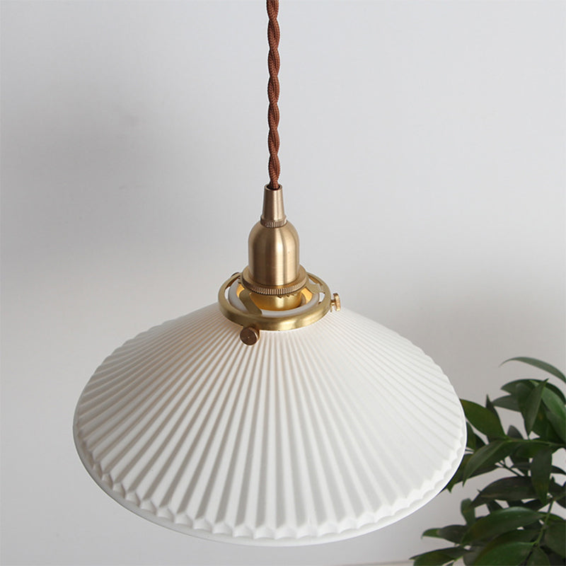 LumiBlanc - Suspension Luminaire en Céramique Blanche à Abat-Jour Strié