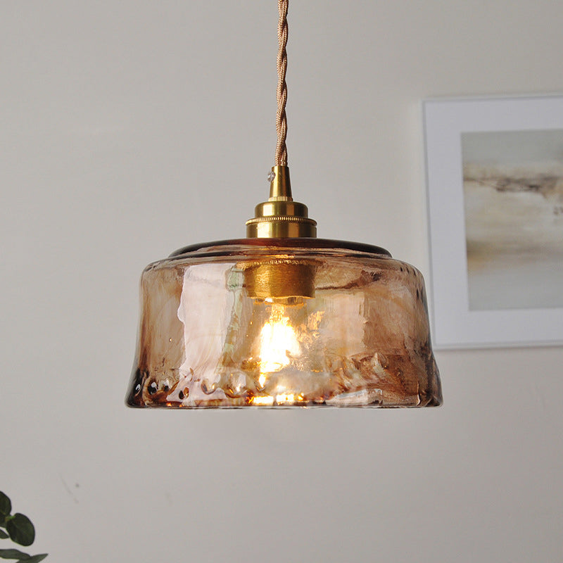 Lampe suspendue de salle à manger rustique avec abat-jour rond en verre d'albâtre ambré en laiton