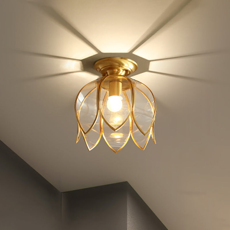 Plafonnier Laiton Verre Transparent Style Lotus