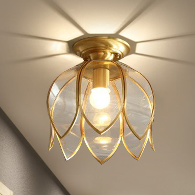 Plafonnier Laiton Verre Transparent Style Lotus