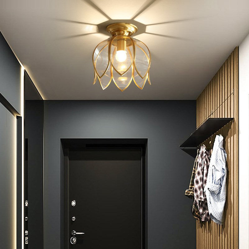 Plafonnier Laiton Verre Transparent Style Lotus