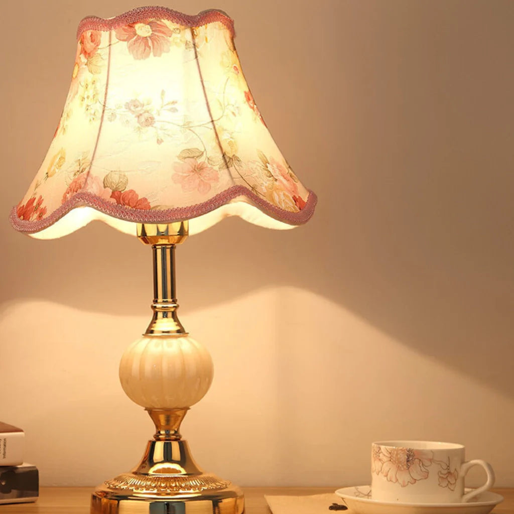 Lampe de Table Vintage Tissu Fleuri, Verre & Fer Doré
