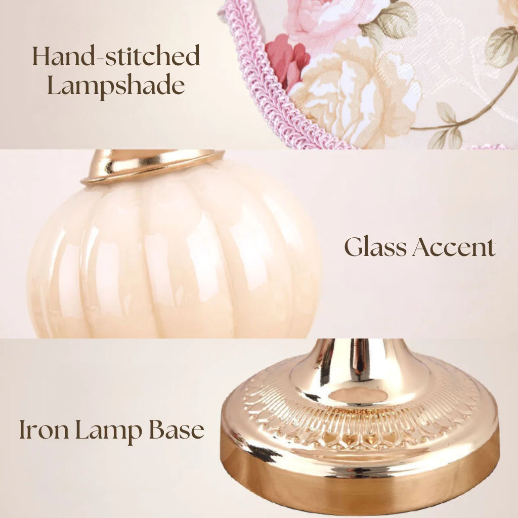 Lampe de Table Vintage Tissu Fleuri, Verre & Fer Doré