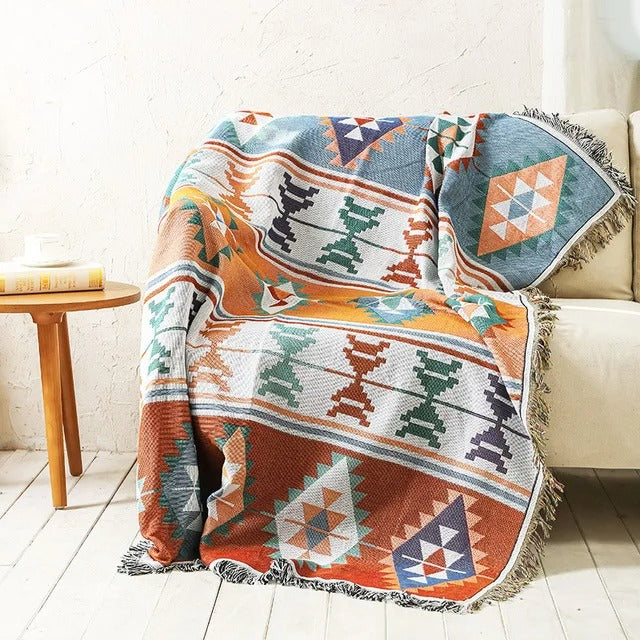 Plaid La Bohème Jacquard, Coton & Polyester, Franges Colorées