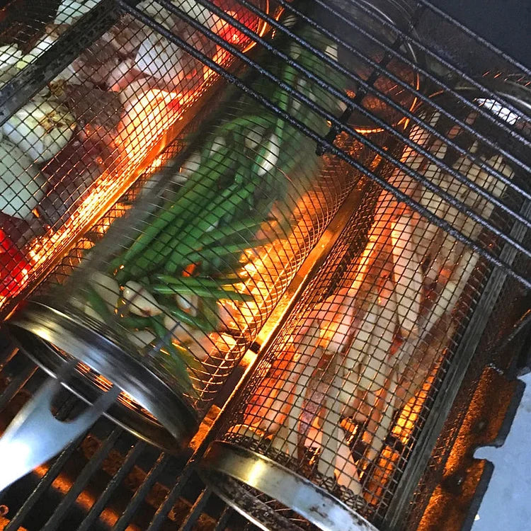 Panier de Grillage Rotatif Inox – Accessoire BBQ pour Légumes, Viandes et Fruits