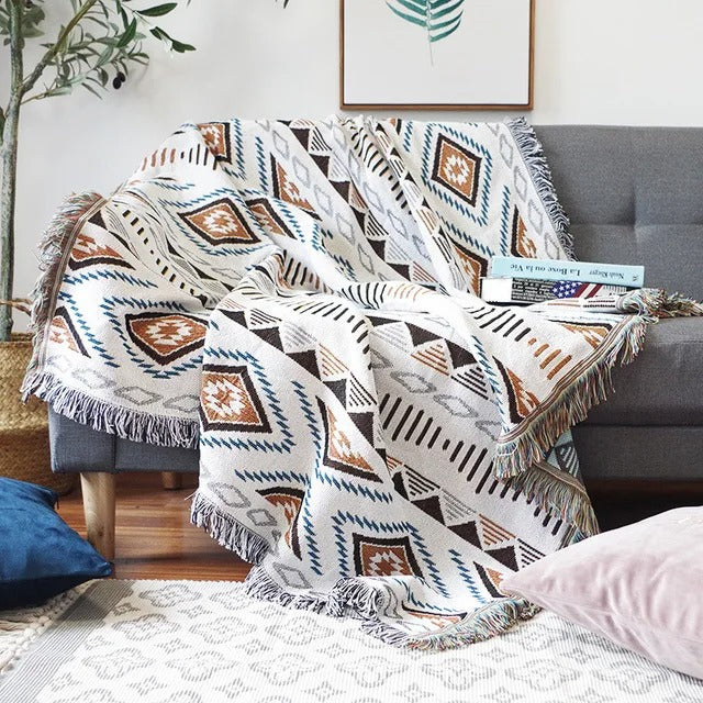 Plaid La Bohème Jacquard, Coton & Polyester, Franges Colorées
