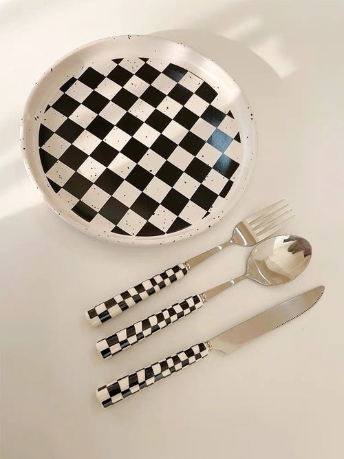 Couverts Modernes à Carreaux, 6 Pièces, Manche Céramique