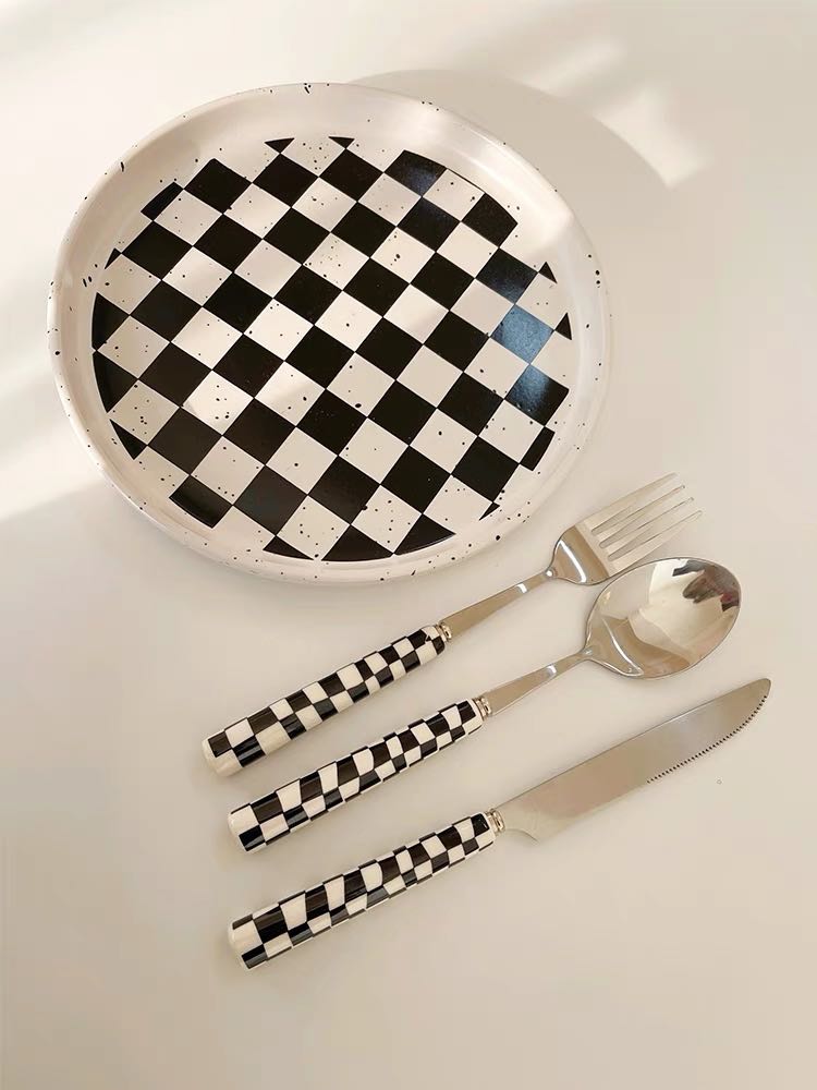 Couverts Modernes à Carreaux, 6 Pièces, Manche Céramique