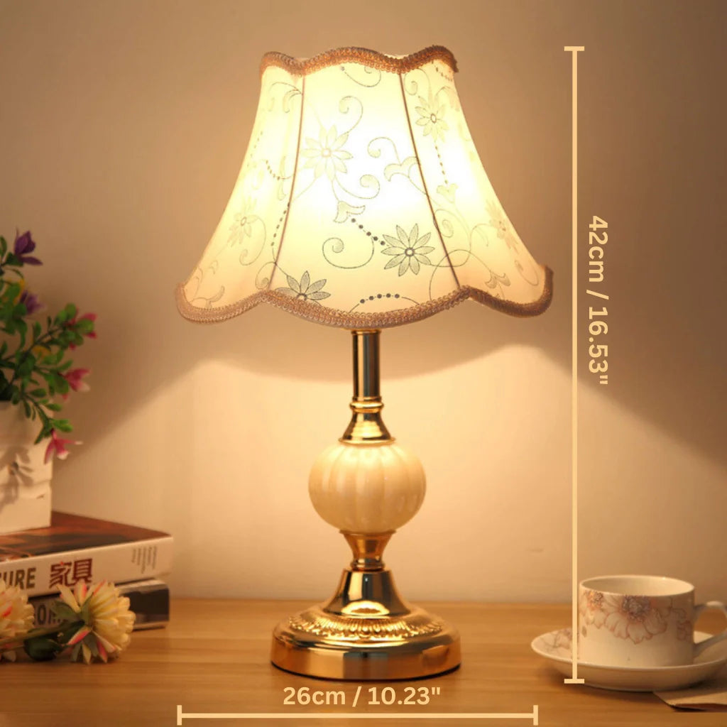 Lampe de Table Vintage Tissu Fleuri, Verre & Fer Doré