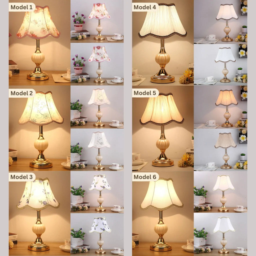 Lampe de Table Vintage Tissu Fleuri, Verre & Fer Doré