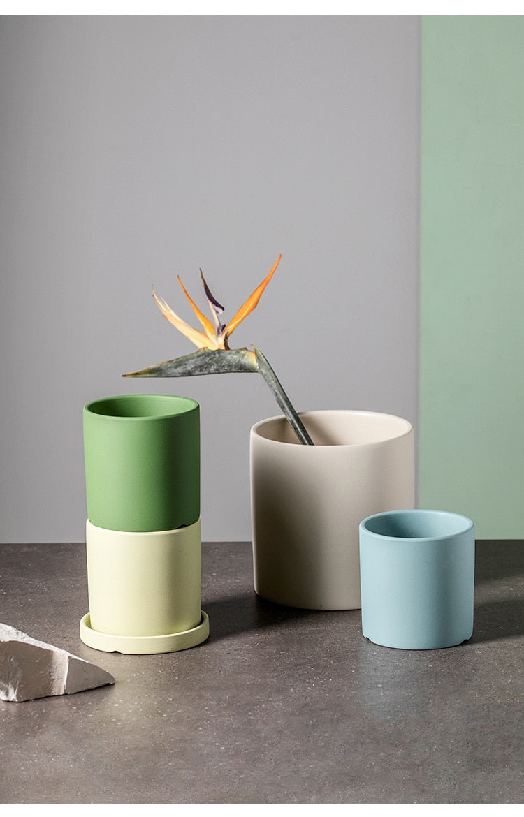 Ensemble de Pots de Fleurs Colorés en Céramique avec Soucoupe – Finition Mate Artisanale