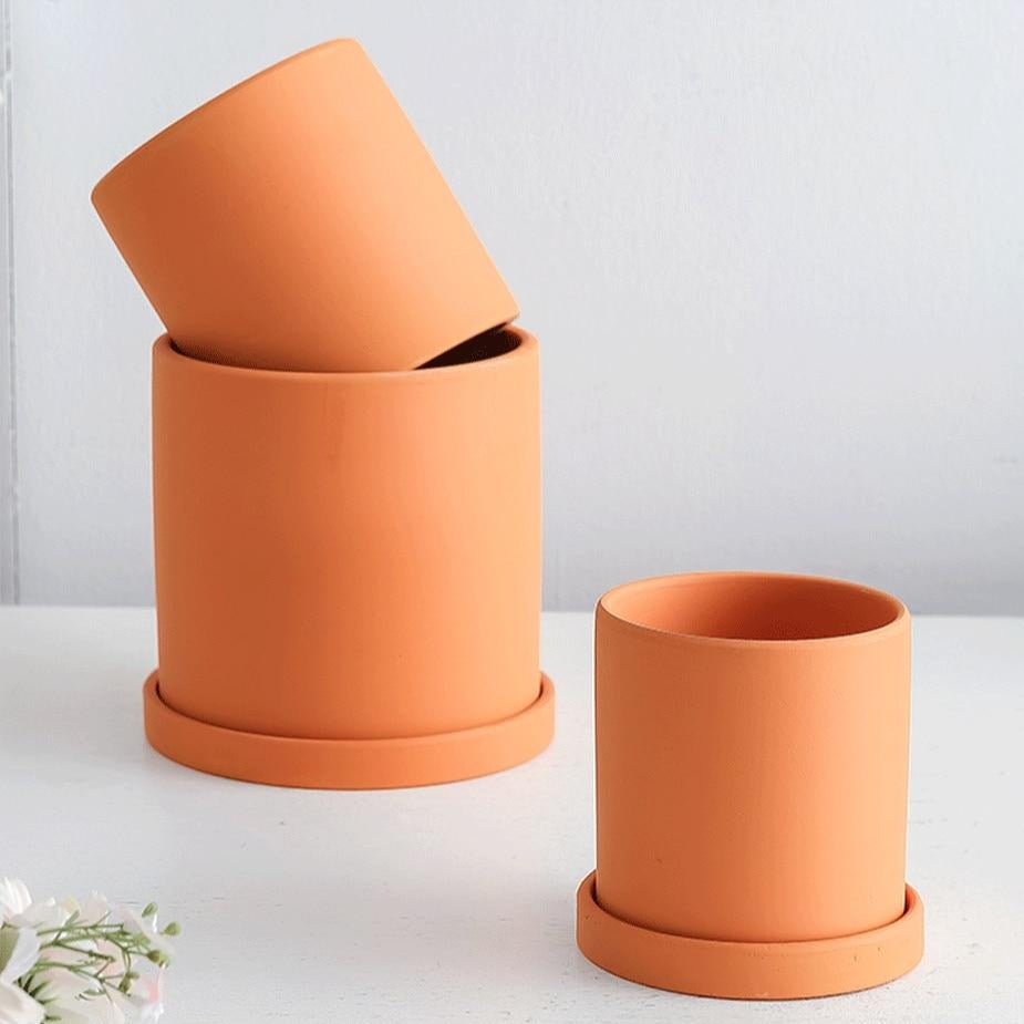 Ensemble de Pots de Fleurs Colorés en Céramique avec Soucoupe – Finition Mate Artisanale