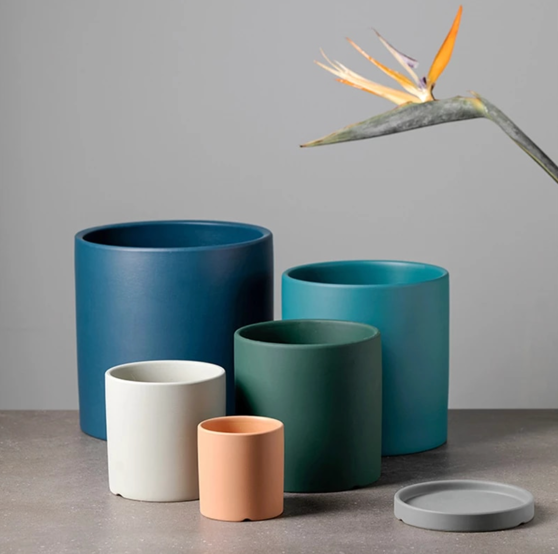 Ensemble de Pots de Fleurs Colorés en Céramique avec Soucoupe – Finition Mate Artisanale