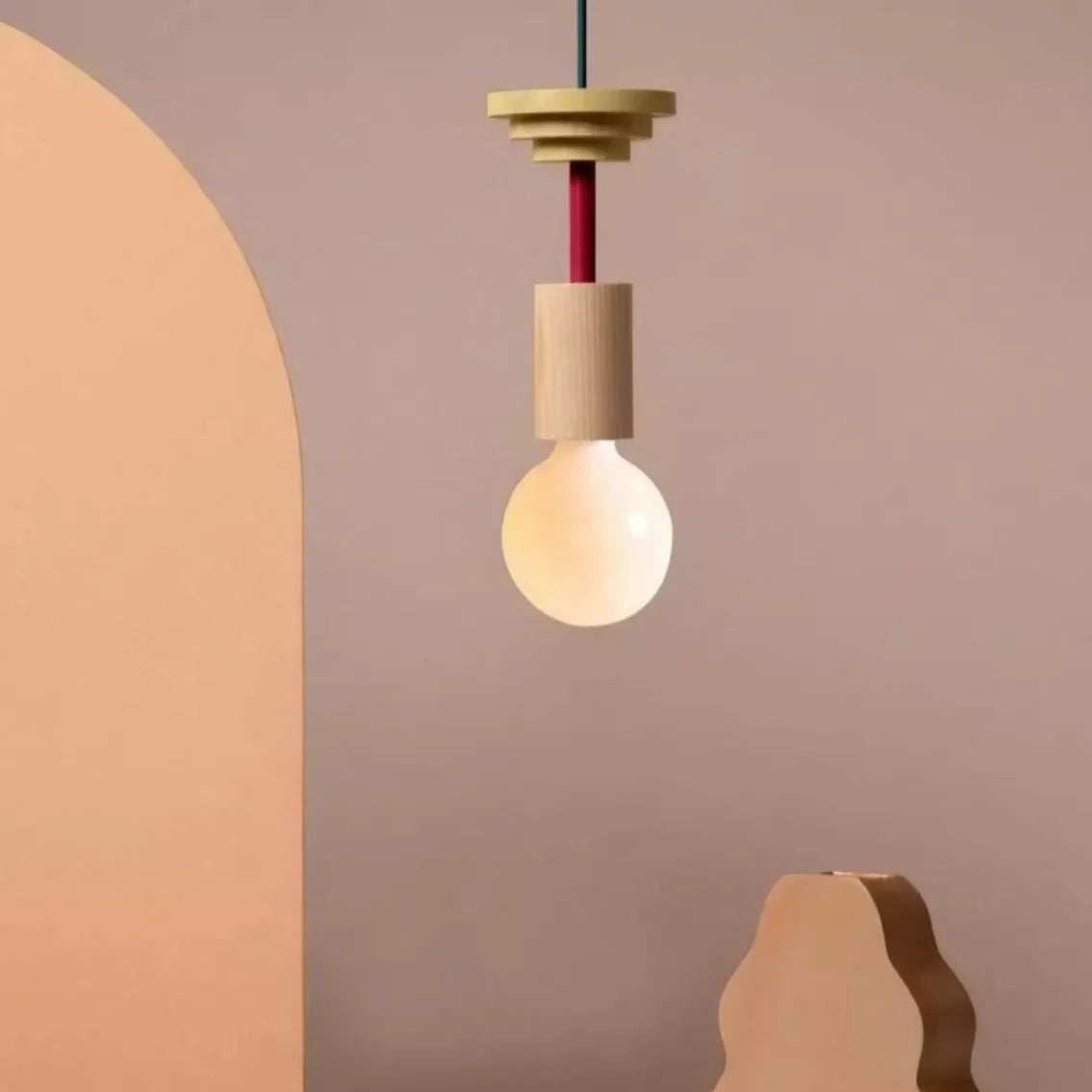 Suspension Bois Géométrique, Design Multicolore, E27