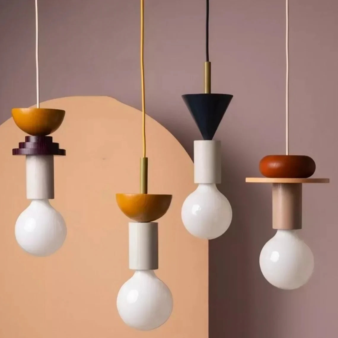 Suspension Bois Géométrique, Design Multicolore, E27