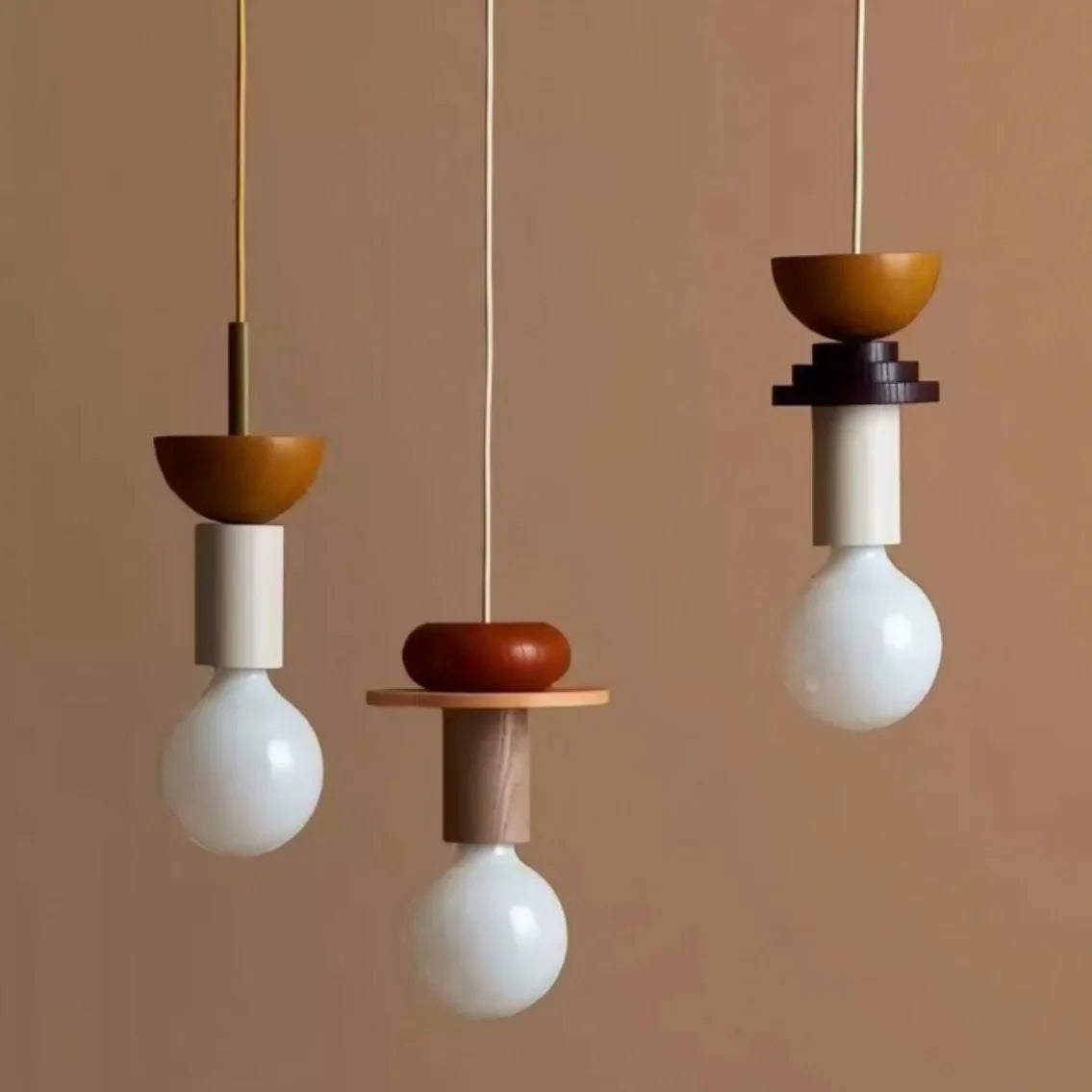 Suspension Bois Géométrique, Design Multicolore, E27