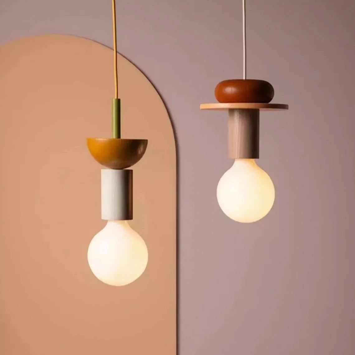 Suspension Bois Géométrique, Design Multicolore, E27