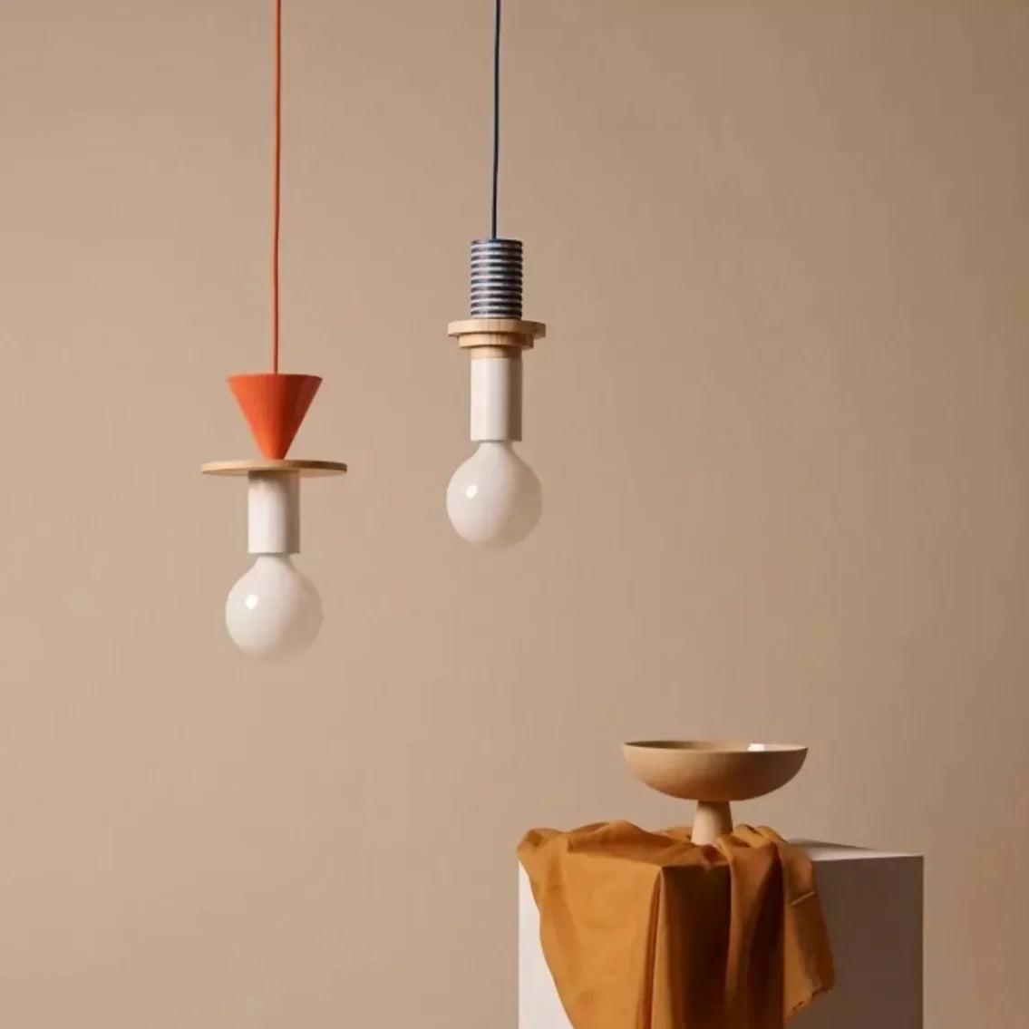 Suspension Bois Géométrique, Design Multicolore, E27