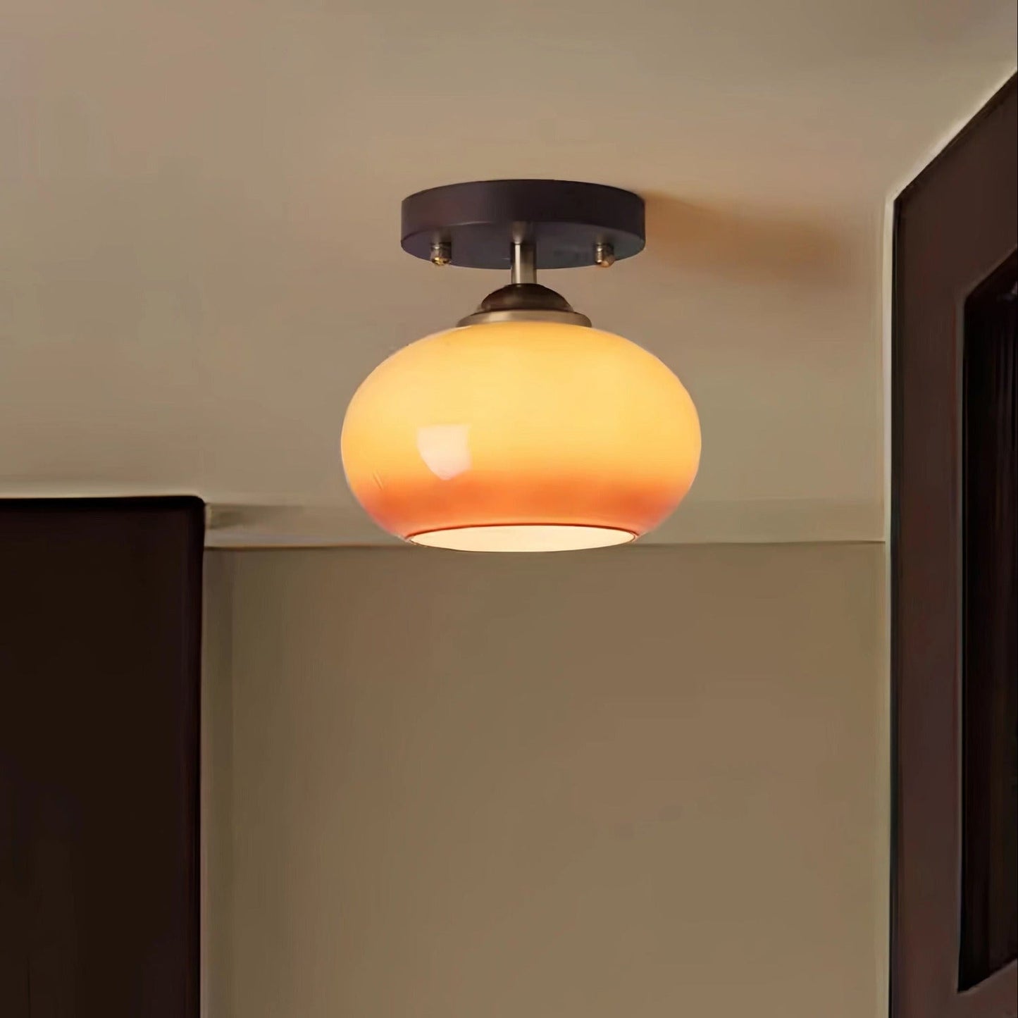 Plafonnier Bauhaus Verre Sphérique et Bois Noyer