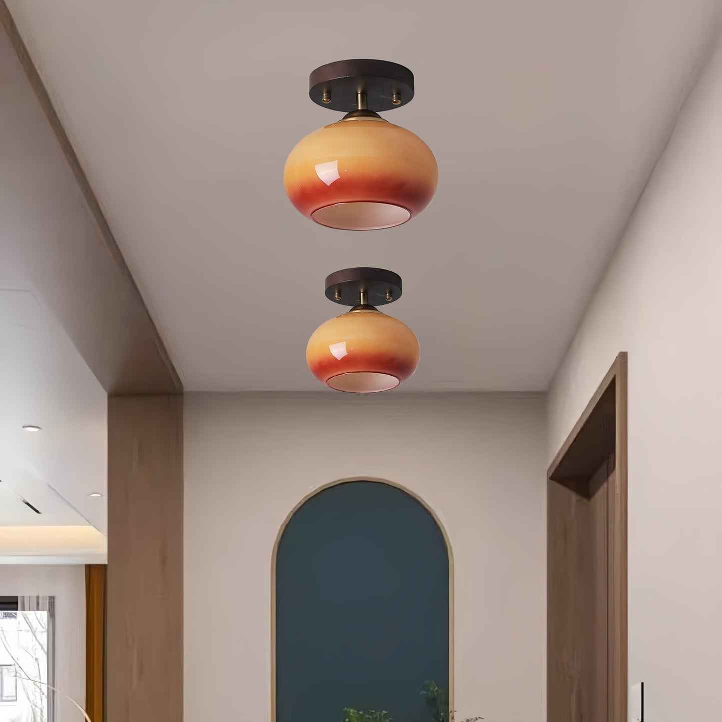 Plafonnier Bauhaus Verre Sphérique et Bois Noyer