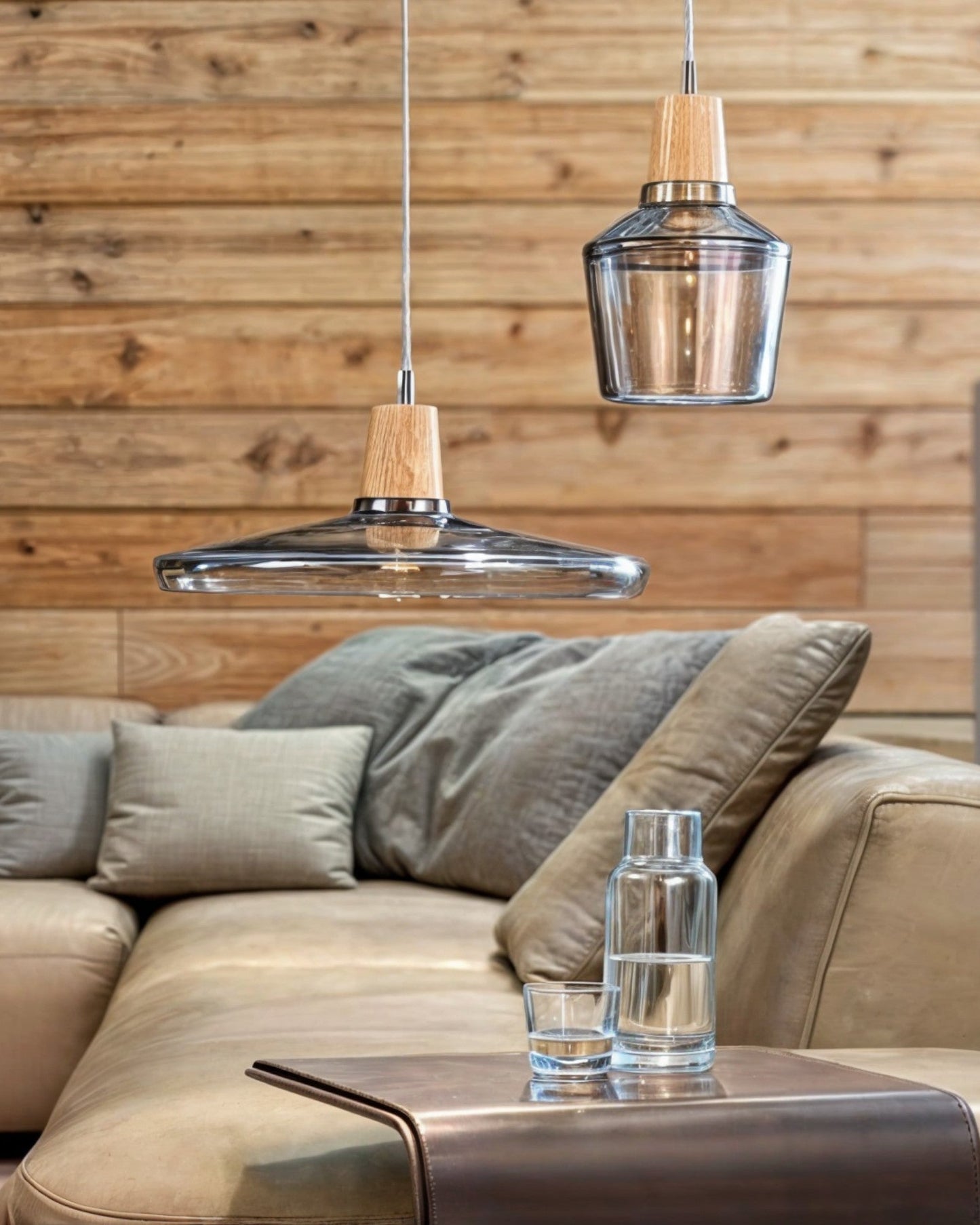 Suspension Nordique Moderne en Verre avec Socle en Bois