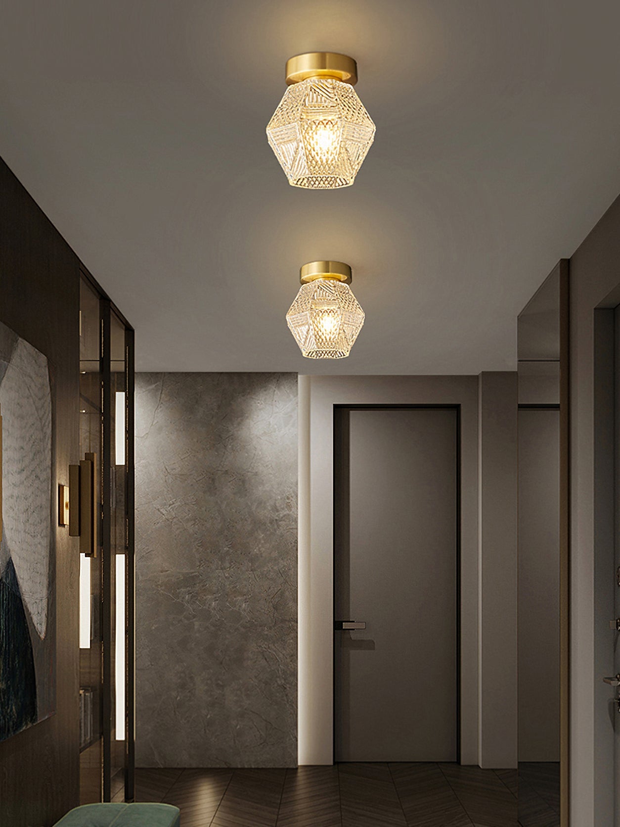 Plafonnier Art Déco en laiton et verre – coupe diamant élégante