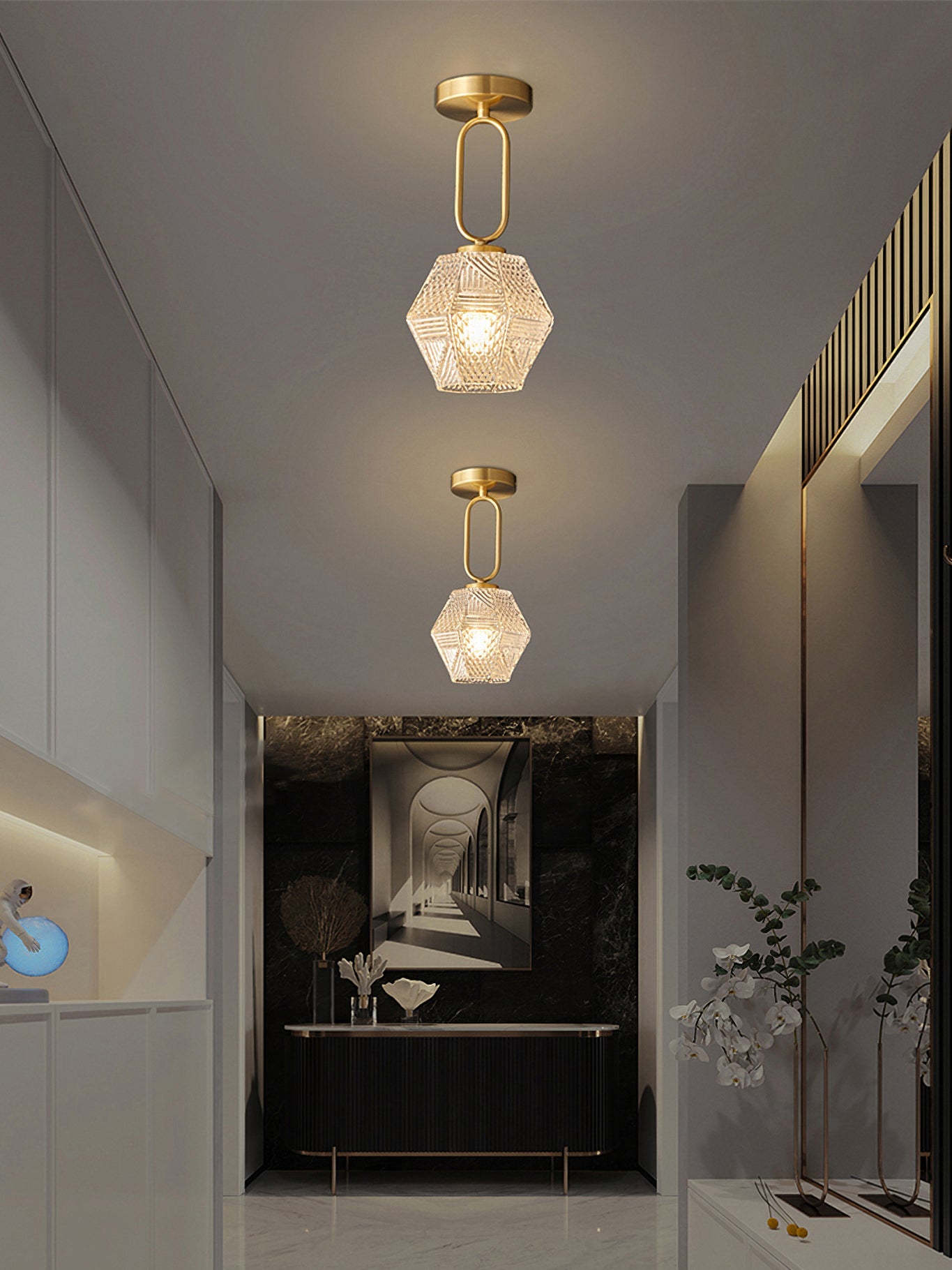 Plafonnier Art Déco en laiton et verre – coupe diamant élégante