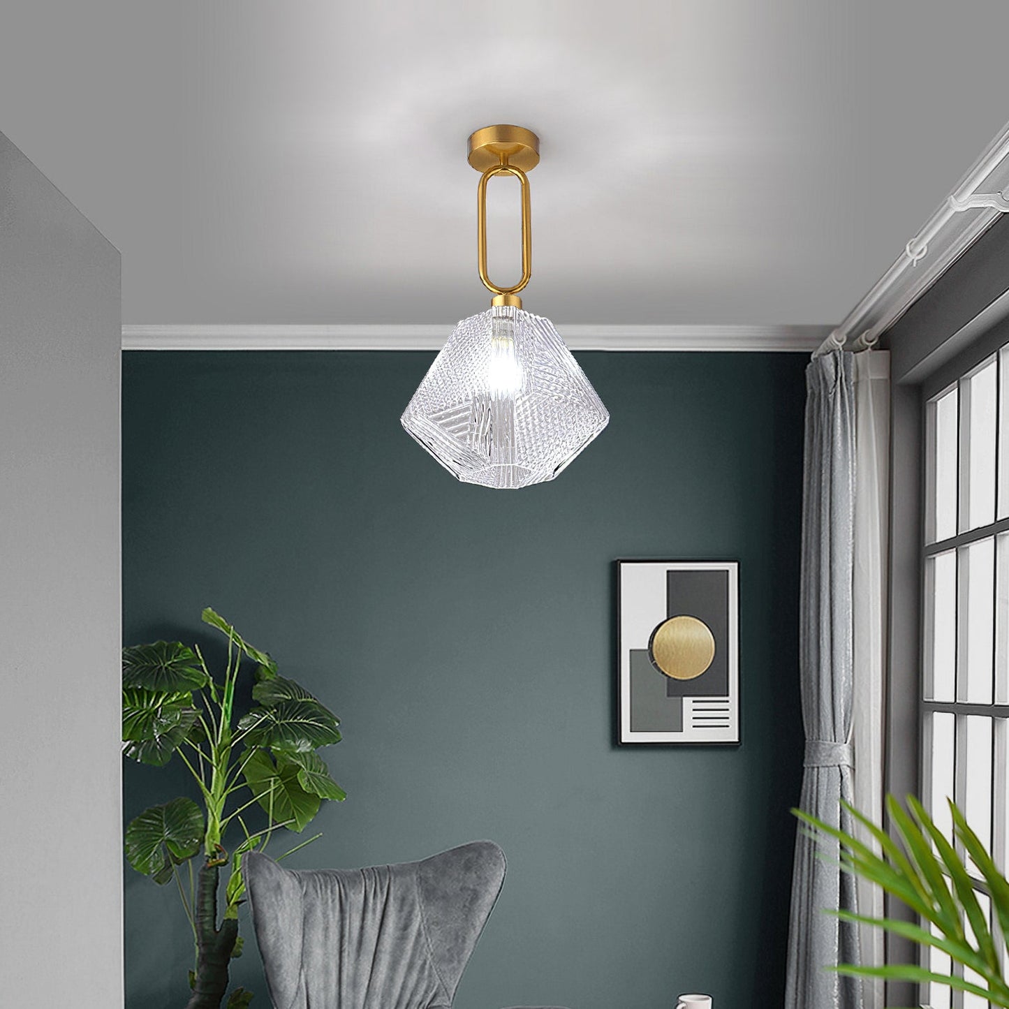 Plafonnier Art Déco en laiton et verre – coupe diamant élégante