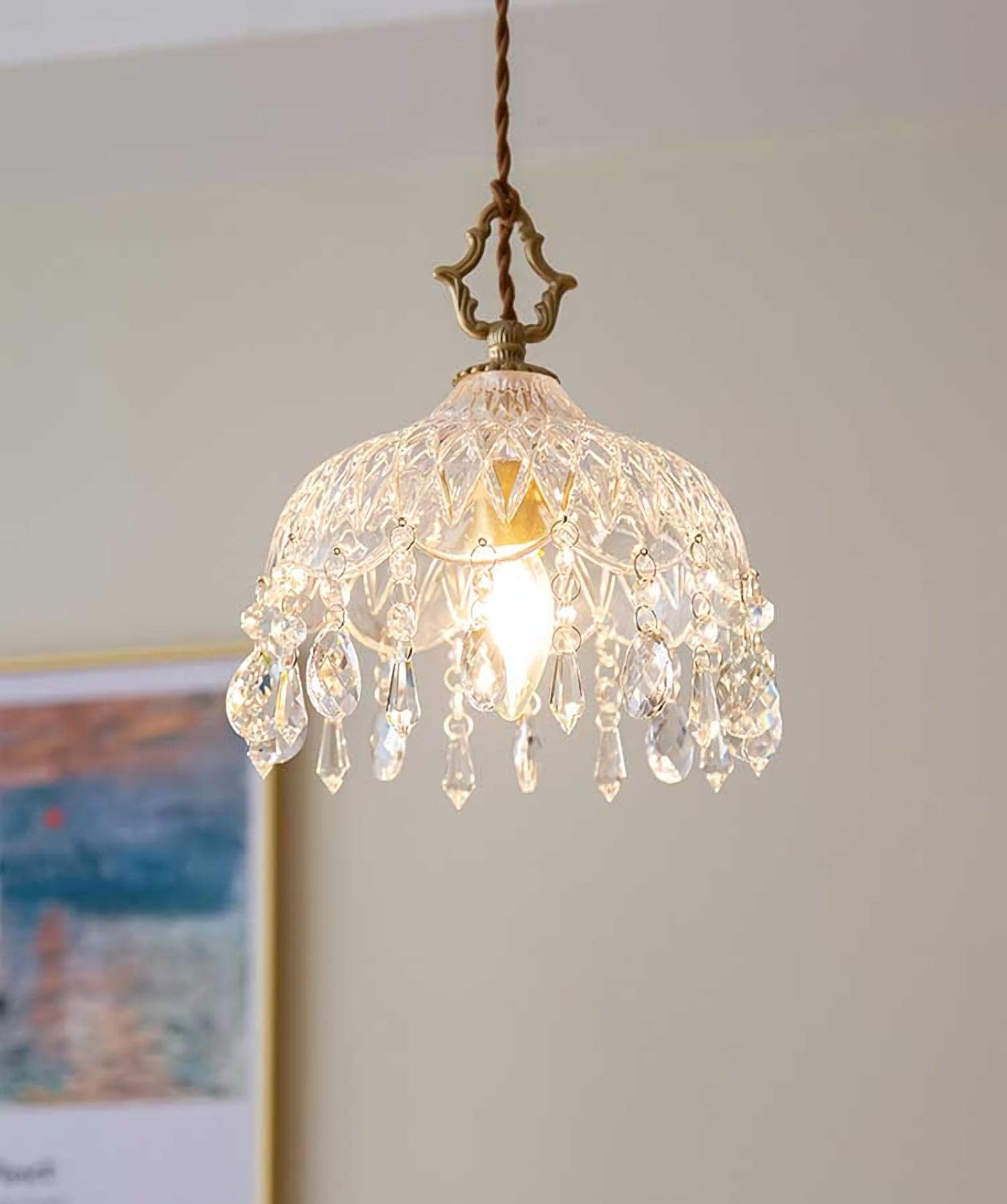 Suspension Vintage en Verre Sculpté et Laiton – E27