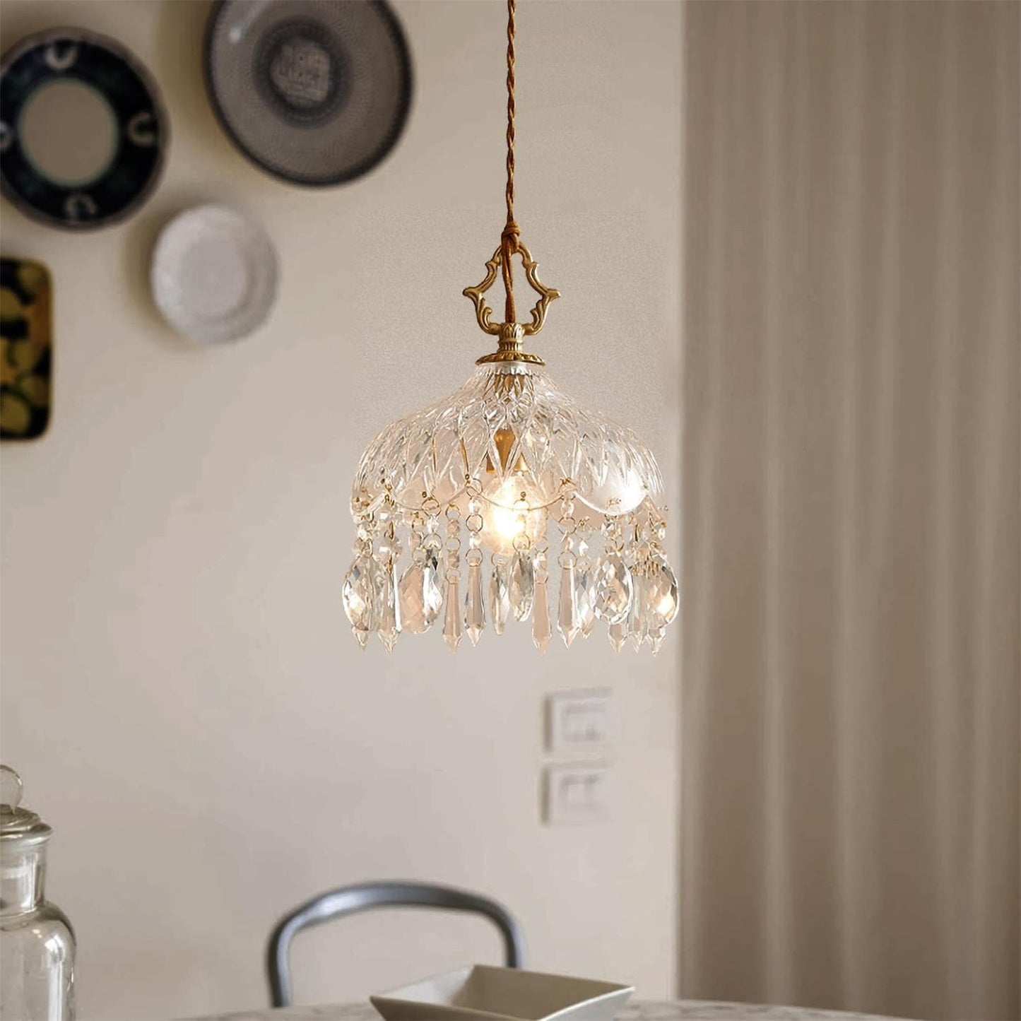 Suspension Vintage en Verre Sculpté et Laiton – E27