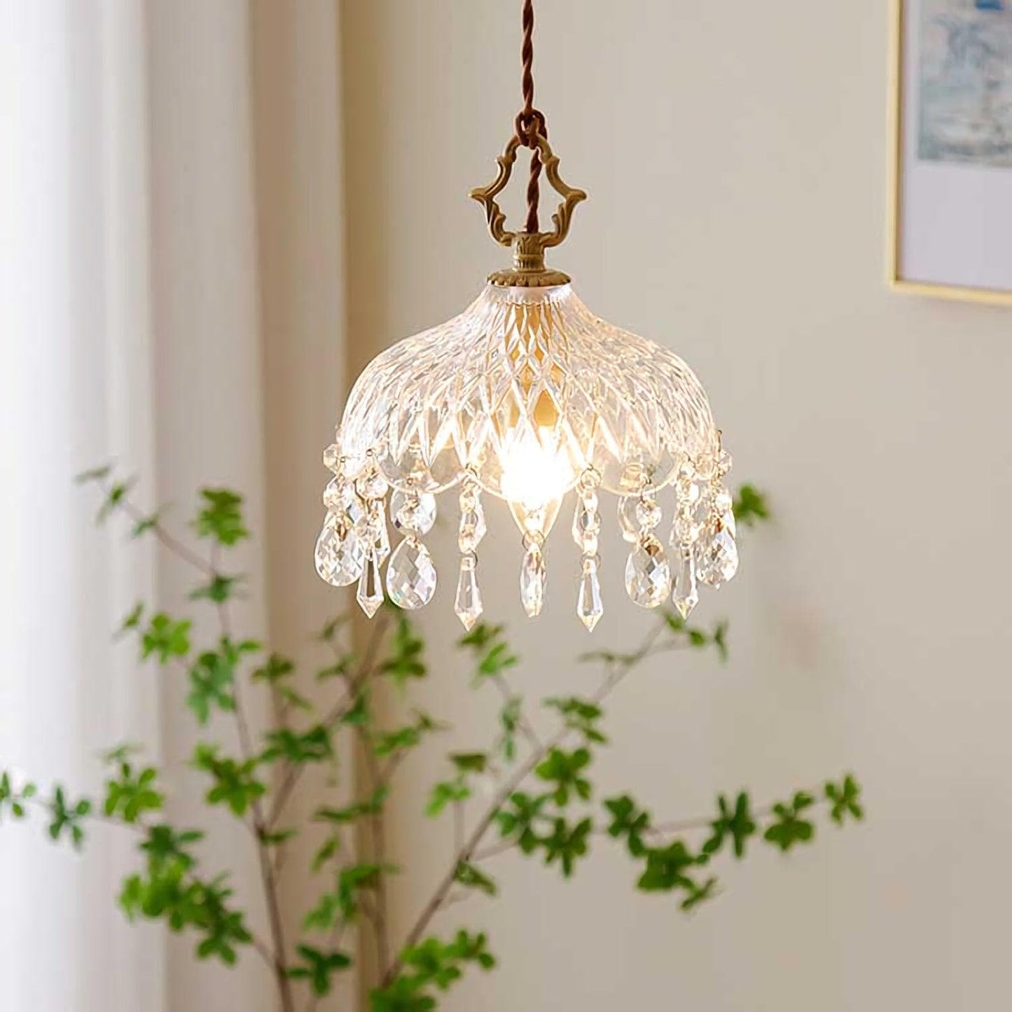 Suspension Vintage en Verre Sculpté et Laiton – E27