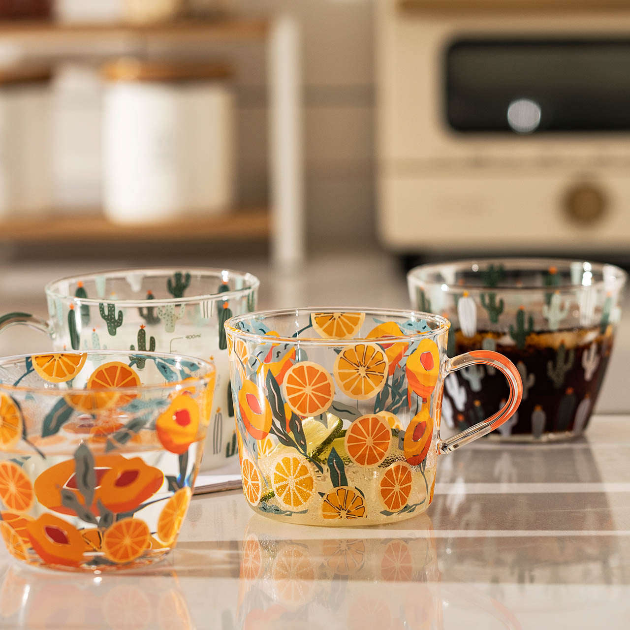 Tasse en Verre Imprimée 500 ml – Motifs Cactus ou Pêche avec Échelle de Mesure