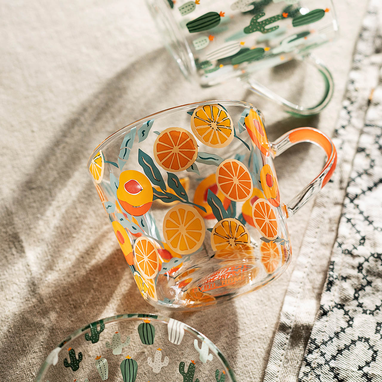 Tasse en Verre Imprimée 500 ml – Motifs Cactus ou Pêche avec Échelle de Mesure