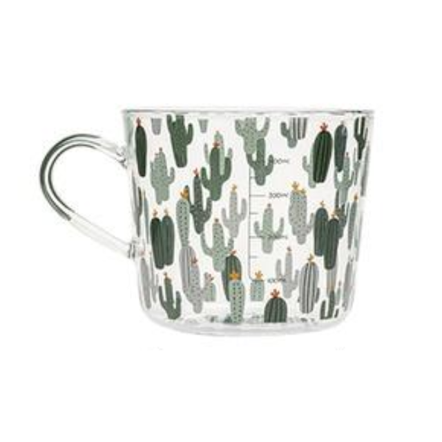 Tasse en Verre Imprimée 500 ml – Motifs Cactus ou Pêche avec Échelle de Mesure