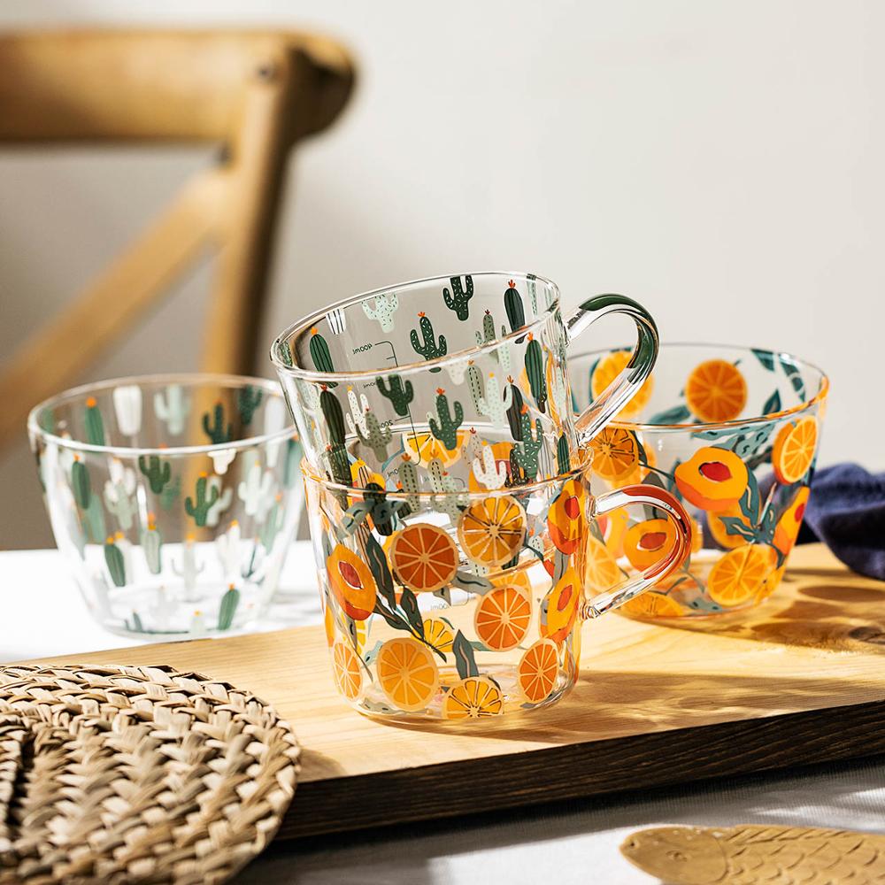 Tasse en Verre Imprimée 500 ml – Motifs Cactus ou Pêche avec Échelle de Mesure