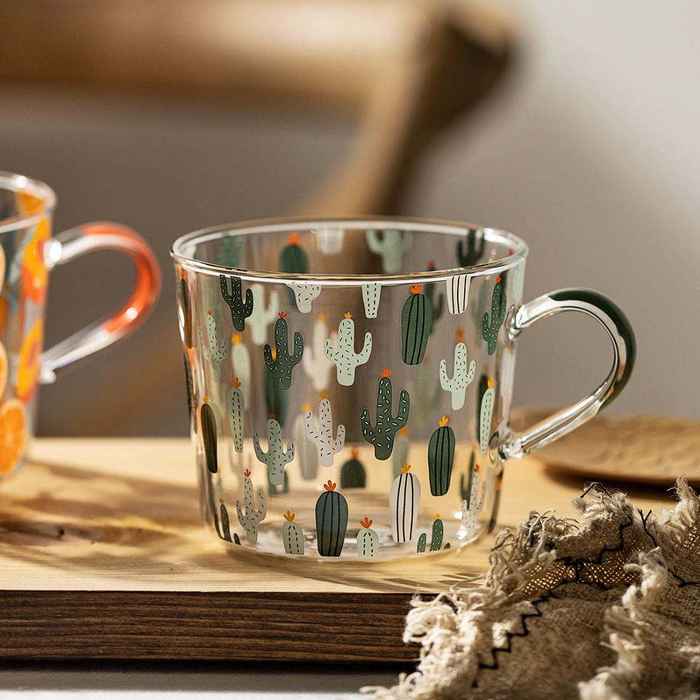 Tasse en Verre Imprimée 500 ml – Motifs Cactus ou Pêche avec Échelle de Mesure