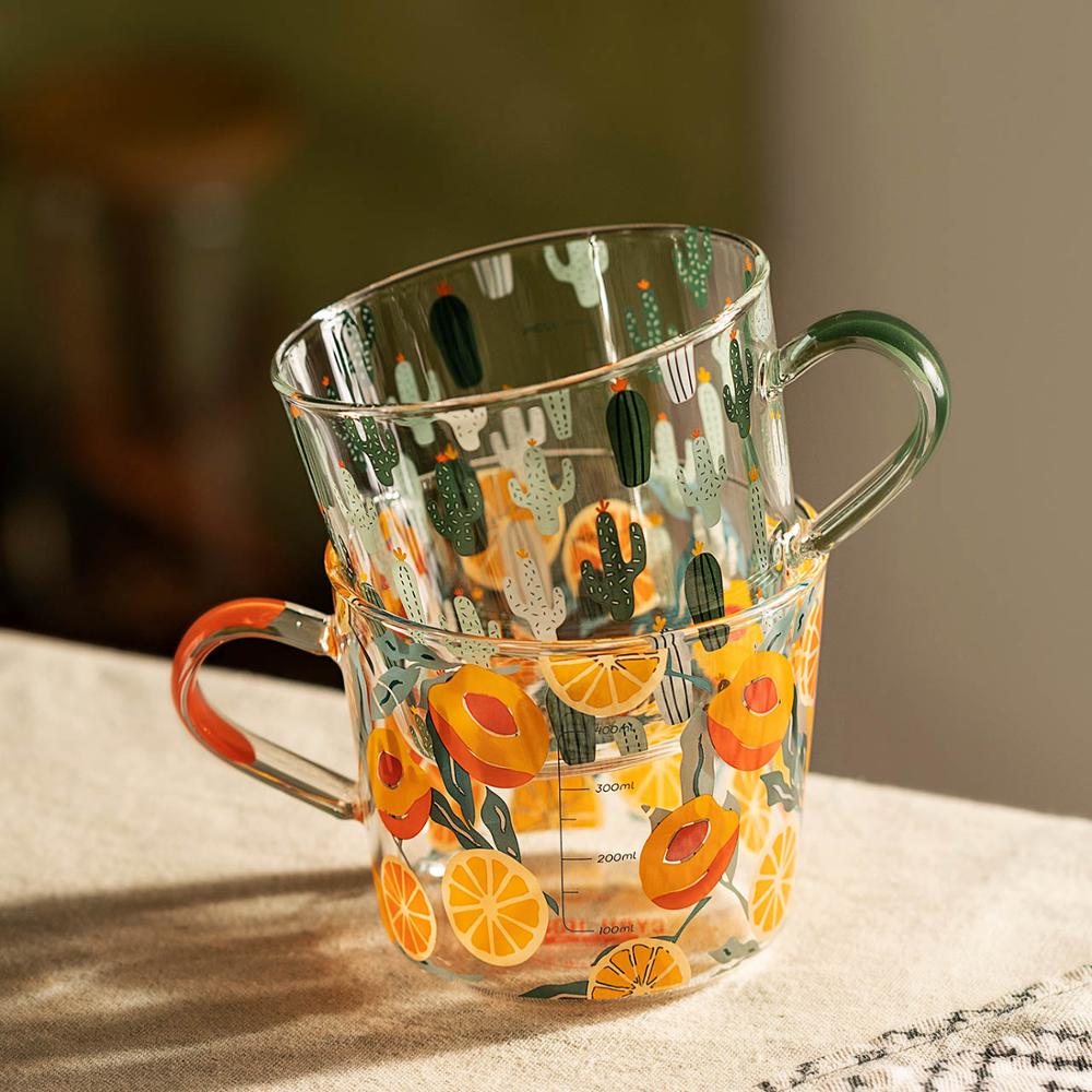 Tasse en Verre Imprimée 500 ml – Motifs Cactus ou Pêche avec Échelle de Mesure