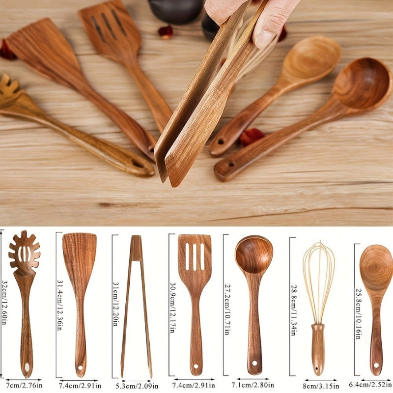 Set d'Ustensiles de Cuisine en Bois – 7 Pièces Élégantes et Antirayures